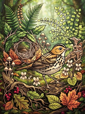 Finished example of the Color by Number page: Ovenbird