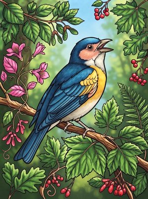 Finished example of the Color by Number page: Scarlet Tanager