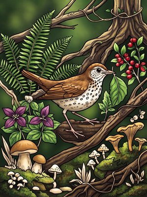 Finished example of the Color by Number page: Wood Thrush