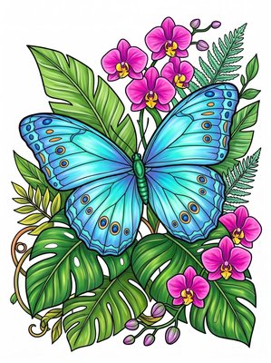 Finished example of the Color by Number page: Blue Morpho