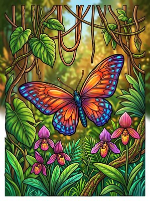 Finished example of the Color by Number page: Golden Birdwing