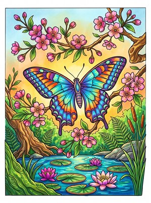 Finished example of the Color by Number page: Emperor Swallowtail