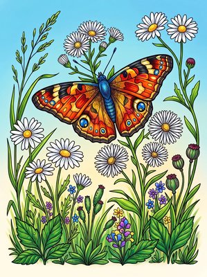 Finished example of the Color by Number page: Painted Lady