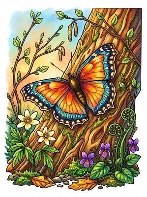 Finished example of the Color by Number page: Mourning Cloak
