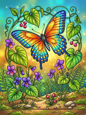 Finished example of the Color by Number page: Pipevine Swallowtail