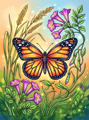 Finished example of the Color by Number page: African Monarch