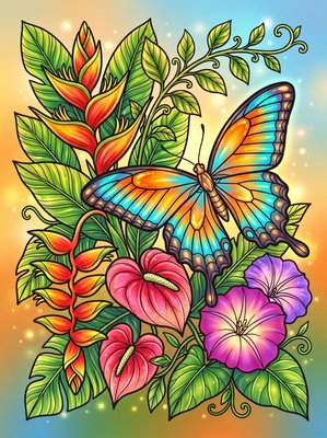 Finished example of the Color by Number page: Emerald Swallowtail