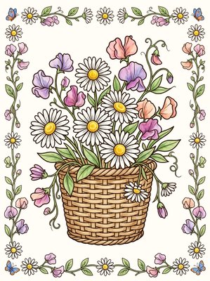 Finished example of the Color by Number page: Joyful Basket