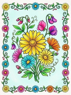 Finished example of the Color by Number page: Daisy Frame