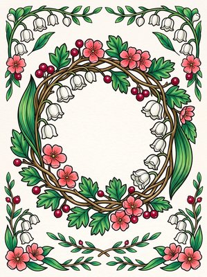 Finished example of the Color by Number page: May Wreath