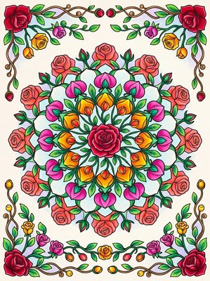 Finished example of the Color by Number page: Rose Mandala