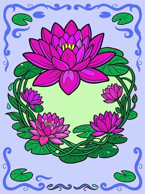 Finished example of the Color by Number page: Calm Pond