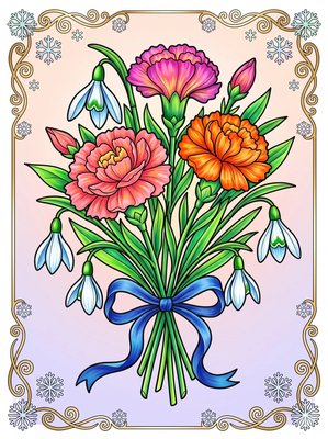 Finished example of the Color by Number page: Winter Bouquet