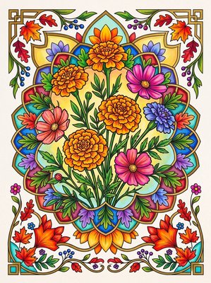 Finished example of the Color by Number page: Creative Mandala