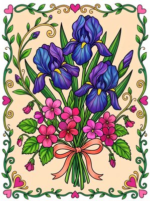 Finished example of the Color by Number page: Violet Iris