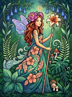 Finished example of the Color by Number page: Flower Princess