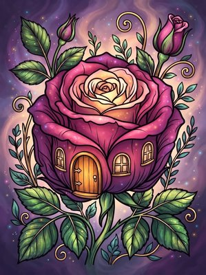 Finished example of the Color by Number page: Rose Cottage