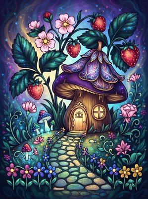 Finished example of the Color by Number page: Mushroom Home