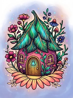 Finished example of the Color by Number page: Leaf Cottage
