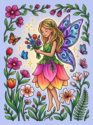 Finished example of the Color by Number page: Spring Fairy