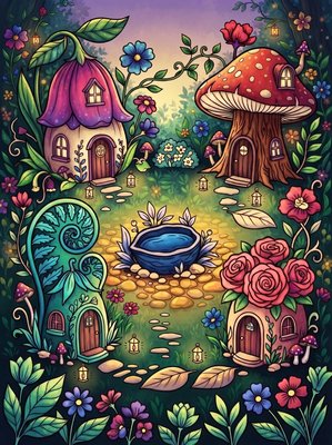 Finished example of the Color by Number page: Village Square