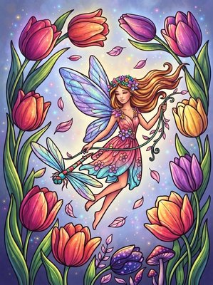 Finished example of the Color by Number page: Dragonfly Ride