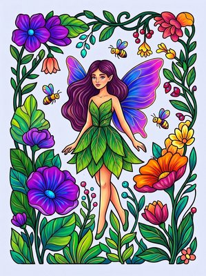 Finished example of the Color by Number page: Summer Fairy