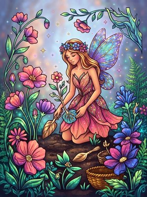 Finished example of the Color by Number page: Planting Flowers