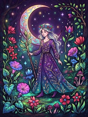 Finished example of the Color by Number page: Moonlit Garden
