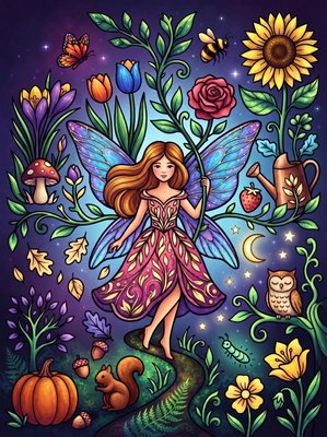 Finished example of the Color by Number page: Four Seasons