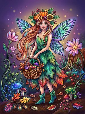 Finished example of the Color by Number page: Autumn Fairy