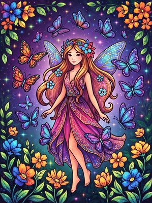 Finished example of the Color by Number page: Butterfly Dance