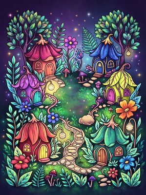 Finished example of the Color by Number page: Fairy Village