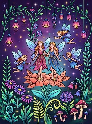 Finished example of the Color by Number page: Fairy Festival