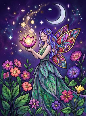 Finished example of the Color by Number page: Night Fairy