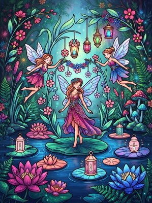 Finished example of the Color by Number page: Flower Kingdom