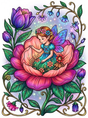 Finished example of the Color by Number page: Blossom Fairy