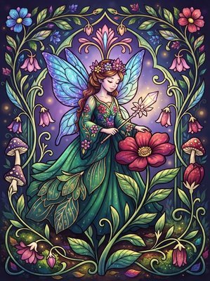 Finished example of the Color by Number page: Fairy Queen