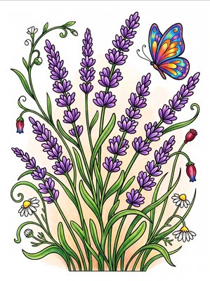 Finished example of the Color by Number page: Lavender Dreams