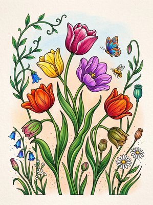 Finished example of the Color by Number page: Wild Tulips