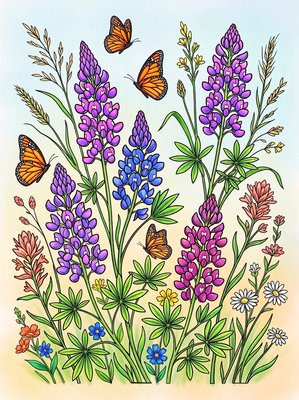 Finished example of the Color by Number page: Bluebonnet Trail
