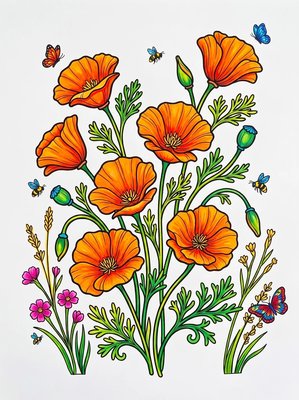 Finished example of the Color by Number page: California Poppies