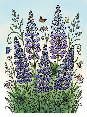 Finished example of the Color by Number page: Mountain Lupines