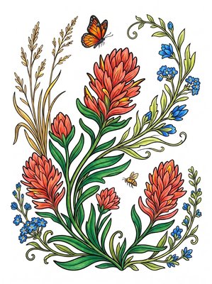 Finished example of the Color by Number page: Paintbrush Bloom