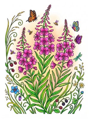 Finished example of the Color by Number page: Fireweed Skies