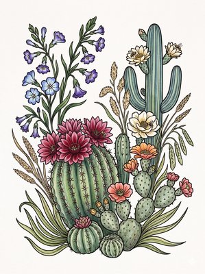 Finished example of the Color by Number page: Desert Bloom