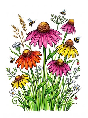 Finished example of the Color by Number page: Coneflower Dance