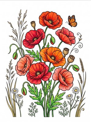Finished example of the Color by Number page: Poppy Meadow