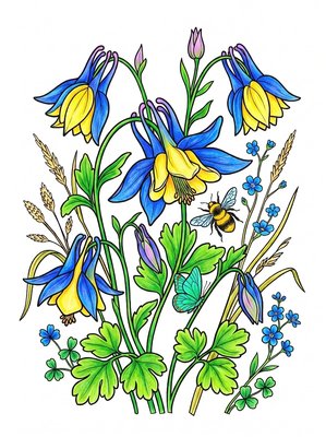 Finished example of the Color by Number page: Columbine Grace