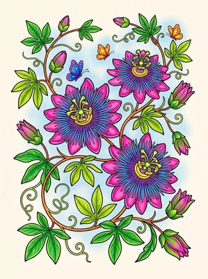 Finished example of the Color by Number page: Passion Vines